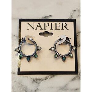 Napier Silver-Tone Hoop Earrings With Green & Clear Gemstone Accents